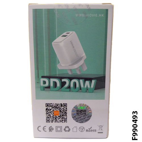 VIDVIE PLB143 FAST Charger 1 USB & Type-C PD 20W / Type-C Cable Included / for Android Mobiles - White [
