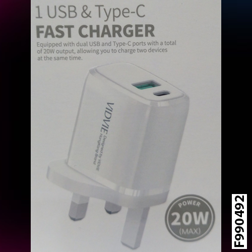 VIDVIE PLB143 FAST Charger 1 USB & Type-C PD 20W / Lightning Cable Included / for iPhone - White [