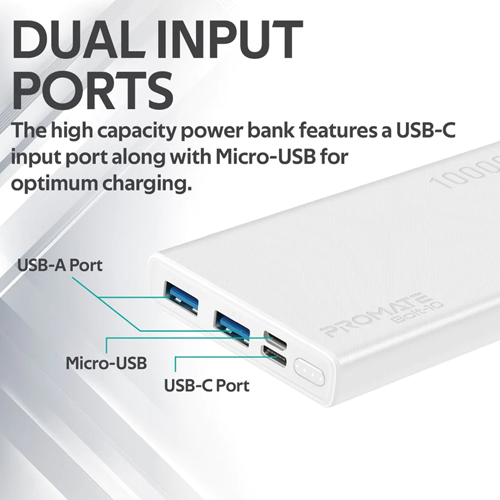 PROMATE 10000mAh BOLT-10 Compact Smart Charging Power Bank with Dual  USB Output - White