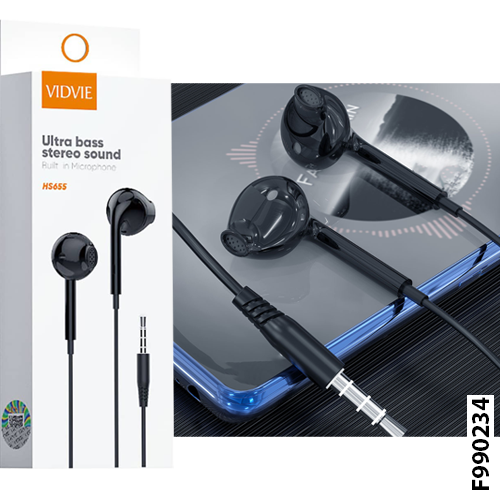 VIDVIE HS655 Ultra bass stereo sound | 3.5mm Jack Wired Earphone - Black (F990234)