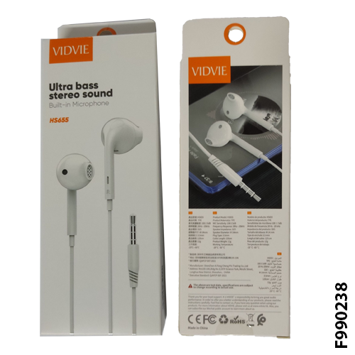 VIDVIE HS655 Ultra bass stereo sound | 3.5mm Jack Wired Earphone - White (F990238)