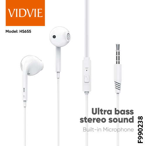 VIDVIE HS655 Ultra bass stereo sound | 3.5mm Jack Wired Earphone - White (F990238)