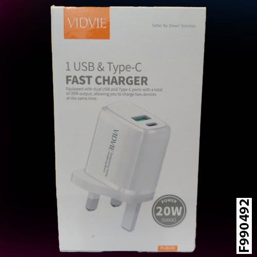 VIDVIE PLB143 FAST Charger 1 USB & Type-C PD 20W / Lightning Cable Included / for iPhone - White [