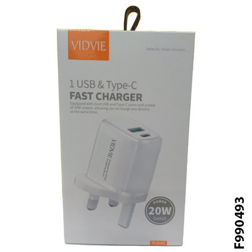 VIDVIE PLB143 FAST Charger 1 USB & Type-C PD 20W / Type-C Cable Included / for Android Mobiles - White [